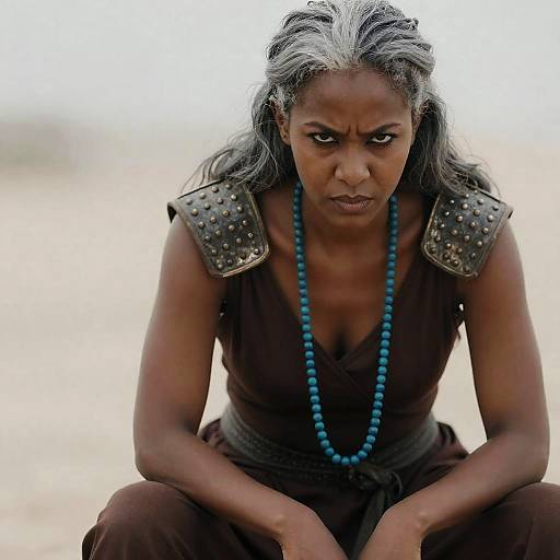 Fierce Woman in Brown Dress and Armor