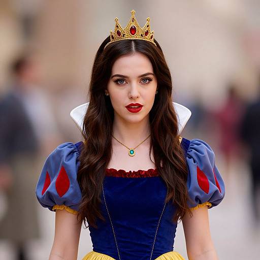 Photograph of a young woman with long dark hair, wearing a blue Snow White costume, gold crown, red lips, and necklace, standing against a