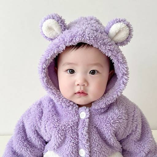 Photograph of a baby with fair skin and round face, wearing a soft, purple, fuzzy bear-themed hooded onesie, white background.