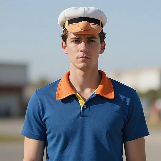 Photograph of a young Caucasian man with short brown hair, wearing a white sailor hat, blue polo shirt with orange collar, and yellow tie, standing