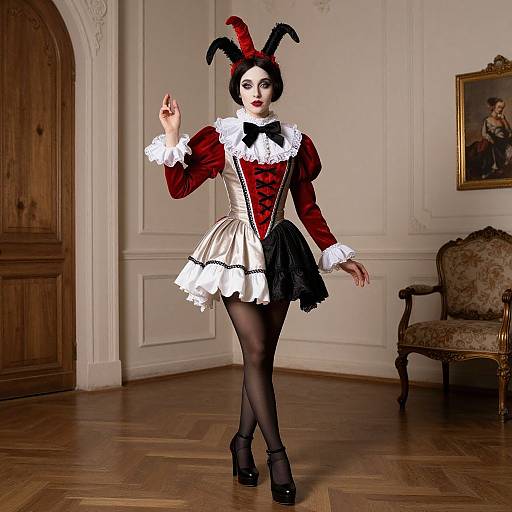 Photograph of a woman in a red and black jester costume with white lace, black stockings, and high heels, standing in an elegant, wooden