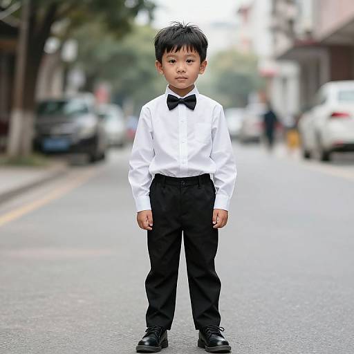 Photograph of an Asian boy with black hair, wearing a white shirt, black bowtie, black pants, and black shoes, standing on a blurry