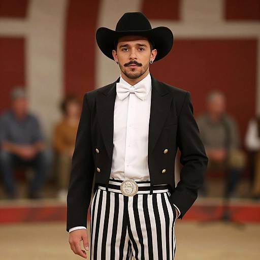 Photograph of a man with a mustache, wearing a black hat, black jacket, white shirt, black-striped pants, and silver belt, confidently