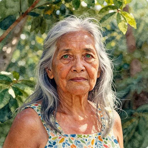 Photograph of an elderly woman with gray hair, green eyes, and wrinkles, wearing a floral sundress, standing in a sunlit, leafy