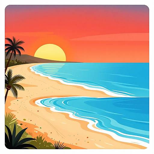Colorful Sunrise Over Long Beach Cartoon Illustration