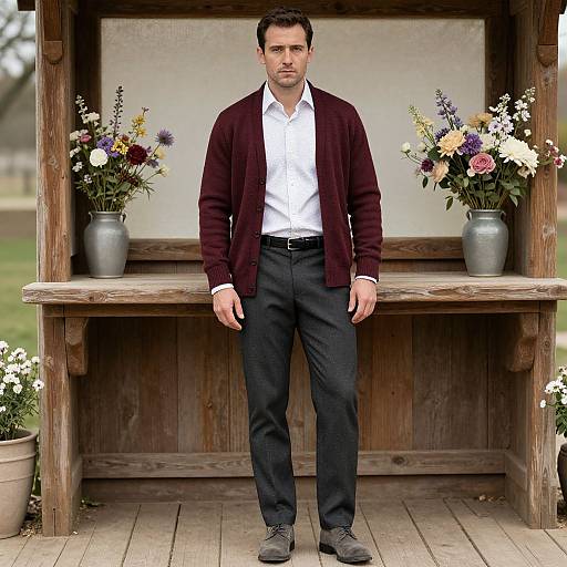 Photograph of a serious Caucasian man with short dark hair, wearing a dark maroon cardigan, white shirt, black pants, and gray shoes,