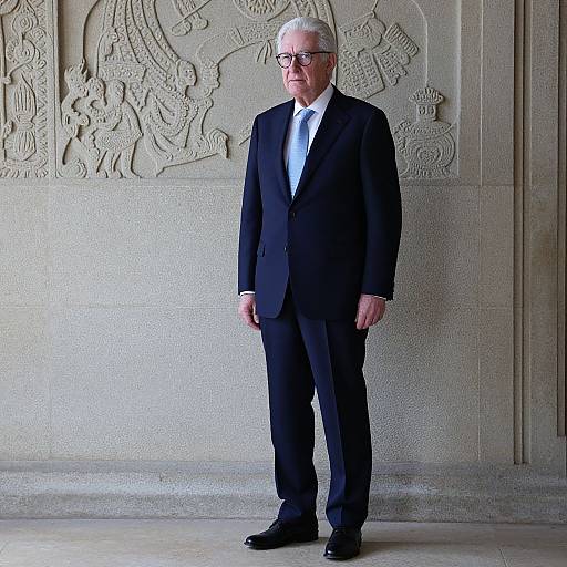 Photograph of an elderly white man with gray hair, glasses, and a black suit standing in front of an ornate, carved stone wall.