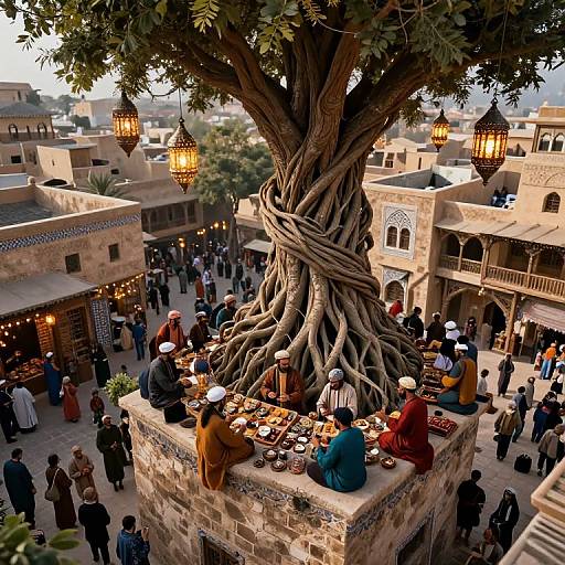 Photograph of a bustling Moroccan market square beneath a massive, intricately twisted tree with hanging lanterns, surrounded by vendors and shoppers in traditional attire.