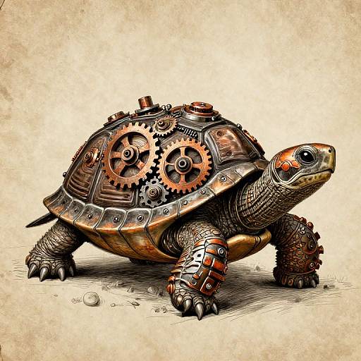 Digital illustration of a steampunk turtle with gears and cogs on its shell, detailed textures, and a brownish-yellow background.