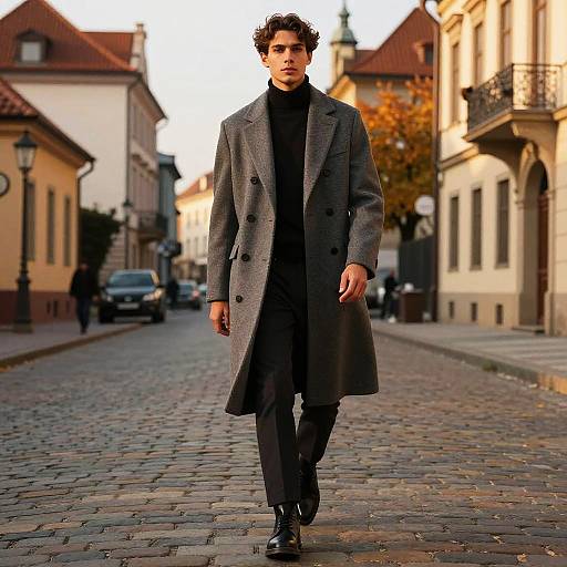 Stylish Trump Overcoat on Cobblestone Street