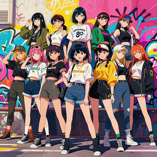 Digital anime-style illustration of a diverse group of 11 teenage girls in urban streetwear, posing confidently in front of vibrant graffiti.
