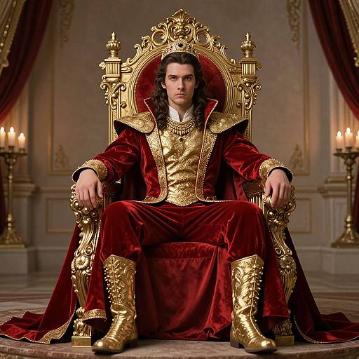 Photograph of a stern-faced man with long brown hair, wearing a gold-embroidered, red velvet royal throne, ornate gold boots,