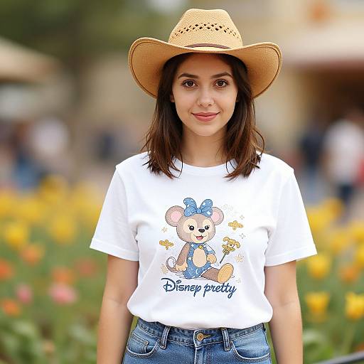 Young woman with light olive skin, dark brown hair, wearing a straw hat and white Disney Minnie Mouse t-shirt, standing in a colorful garden.