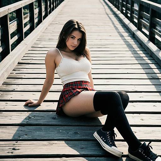 Young Woman Sitting on Wooden Boardwalk