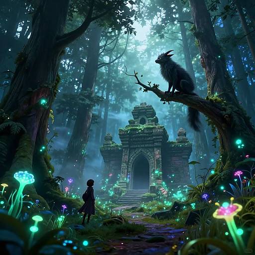 Fantasy forest scene: Silhouetted figure stands before glowing, ancient stone archway, illuminated by bioluminescent mushrooms. Perched wolf