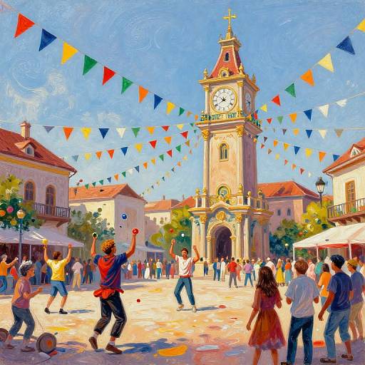 Colorful digital painting of a lively town square with people playing with balls, a tall clock tower, and festive bunting.