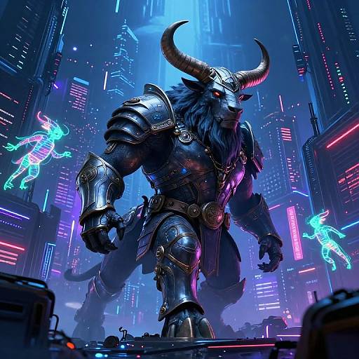 Digital artwork of a muscular, horned minotaur in dark, reflective armor standing in a futuristic, neon-lit cityscape with glowing holographic