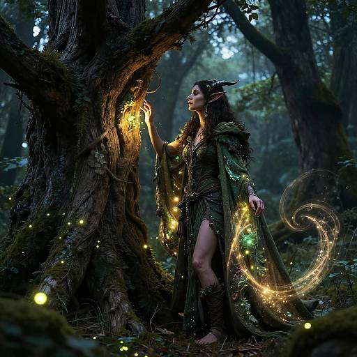Fantasy forest scene: Elven woman with dark hair, glowing horns, green cloak, and bare leg, touches magical tree emitting fireflies. Phot