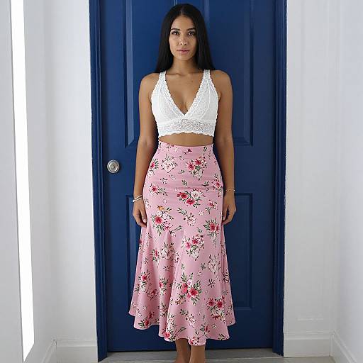 Photograph of a young woman with long dark hair, wearing a white lace halter top and pink floral skirt, standing against a dark blue door in