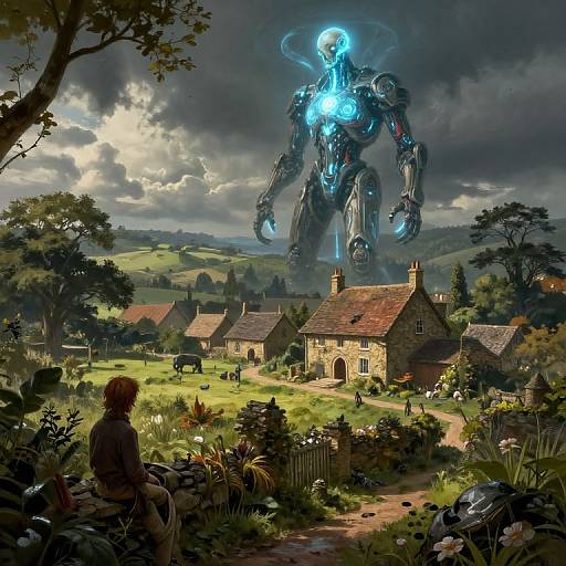 Digital fantasy artwork: A glowing blue mech looms over a quaint, lush village with stone cottages, watched by a child in the foreground. Dark