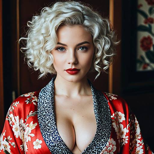 Blonde Woman in Floral Silk Kimono