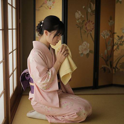 Photograph of a Japanese woman in a pink floral kimono, kneeling on a tatami mat, gently holding a yellow towel, sunlight streaming through wooden