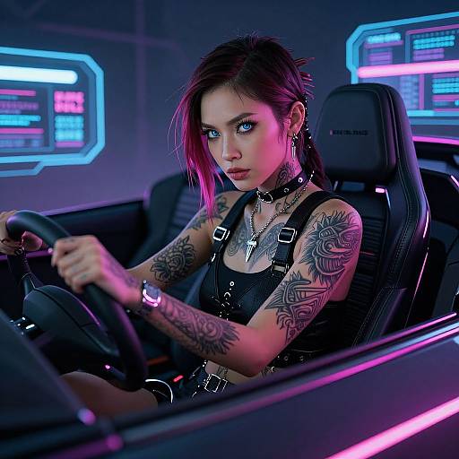 Neon-lit photograph of a tattooed, purple-haired woman with blue eyes driving a futuristic car, wearing a black leather harness and choker.