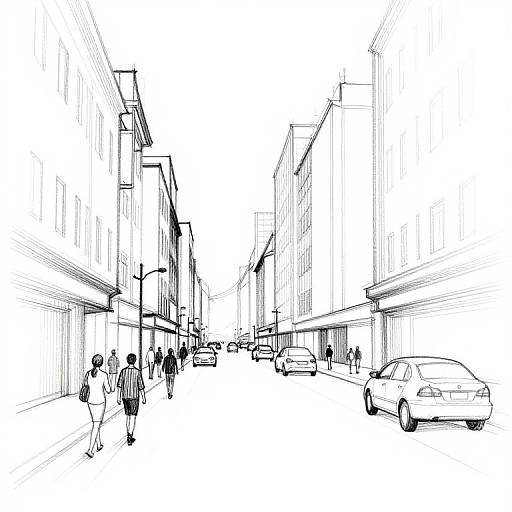 Black-and-white sketch of a bustling urban street with tall buildings, pedestrians, and parked cars, capturing a lively cityscape.