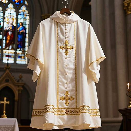 Photograph of a white liturgical vestment with gold embroidery, hanging in a dimly lit, Gothic-style church, with colorful stained glass windows in