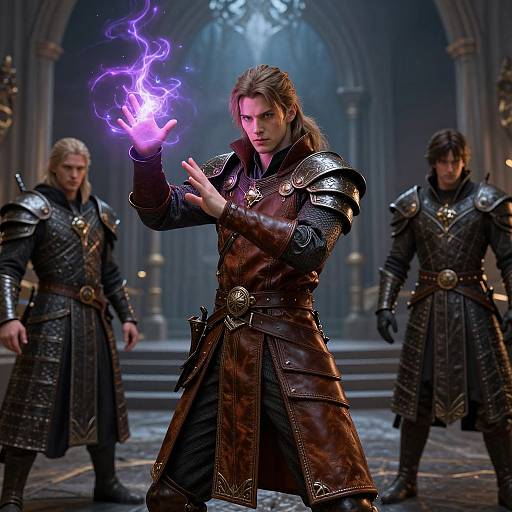 CGI fantasy image: Muscular man with long brown hair casting purple fire spell, wearing brown leather armor, flanked by two armored men in go