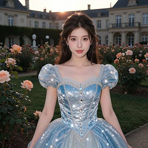 Photograph of an East Asian woman with fair skin and long dark hair, wearing a sparkling blue Cinderella-style ball gown, standing in a rose garden
