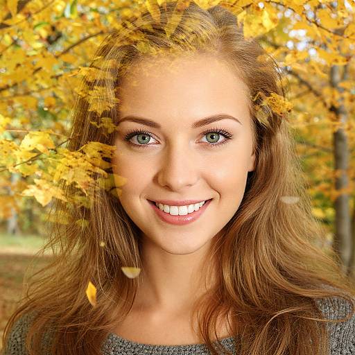 Photograph of a smiling young woman with green eyes and wavy brown hair, standing in a sunlit autumn forest with yellow leaves. She wears a