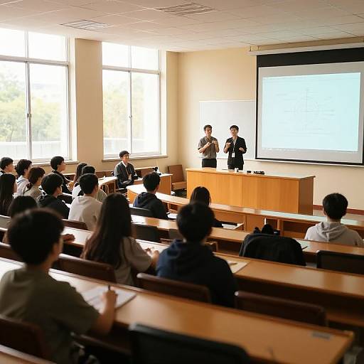 Photograph of a bright classroom with large windows; a male professor stands at a wooden lectern, speaking to a seated audience, projector screen displaying a