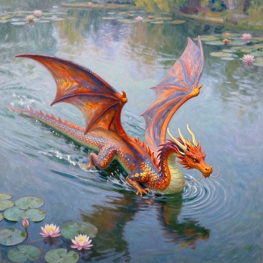 Digital painting of a vibrant red-orange dragon with fiery wings swimming in a serene, lily-pad-filled pond, surrounded by pink lotus flowers.