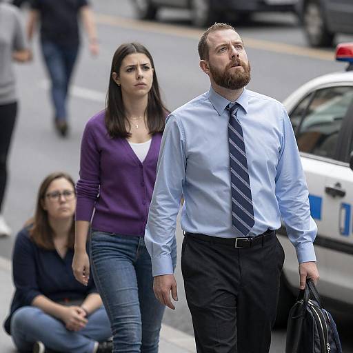 Concerned people on busy city street