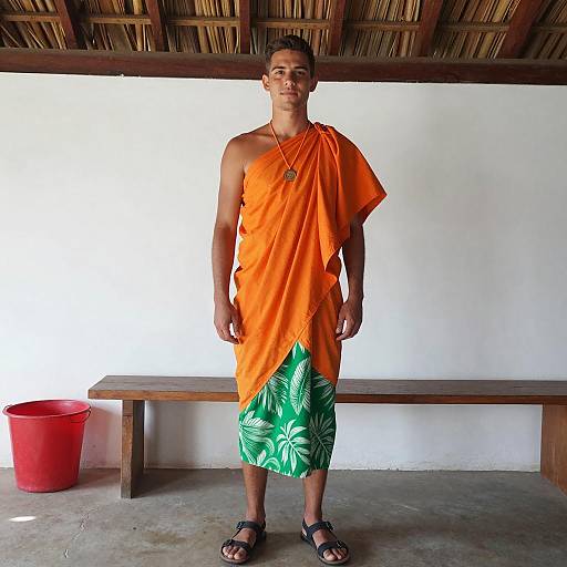 Young Man in Orange Toga and Green Leaf Skirt Indoors