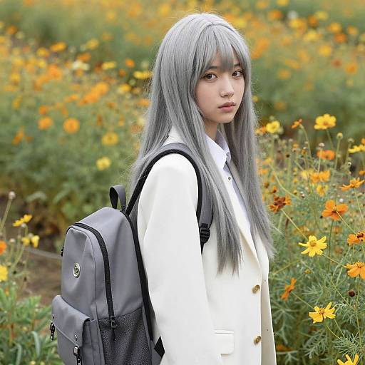 Silvery Gray-Haired Girl in Flower Field