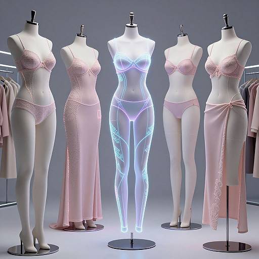 Photograph of five white mannequins in pink lingerie, one illuminated with glowing blue neon lines, standing against a gray background.