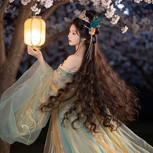 East Asian woman with long, wavy black hair, wearing a translucent, golden-embroidered dress, holds a glowing lantern under cherry blossoms
