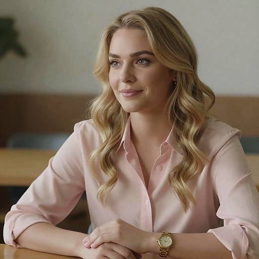 Blonde Woman in Pink Shirt Sitting at Table