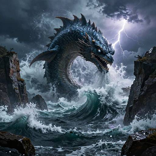 Digital artwork of a fierce, blue-scaled sea dragon emerging from turbulent waves during a lightning storm, with jagged cliffs on either side.