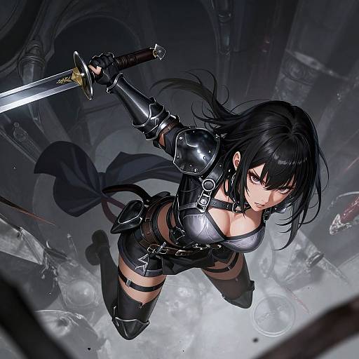 Digital anime-style drawing of a fierce, black-haired woman in shiny black armor with large breasts, wielding a sword, leaping through a dark, chaotic