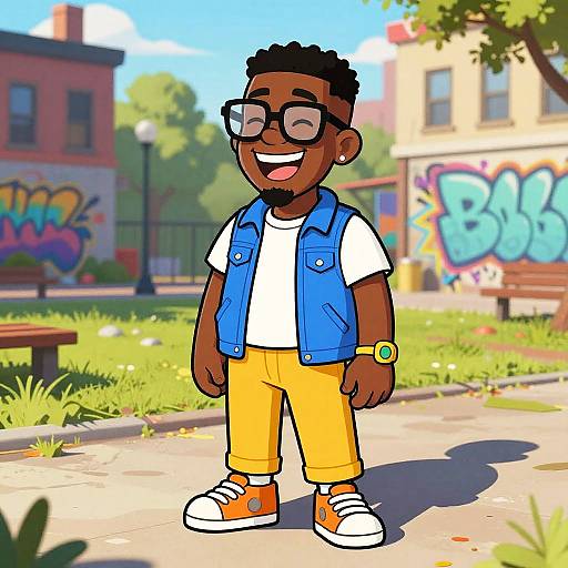 Cheerful Cartoon Black Guy in Park