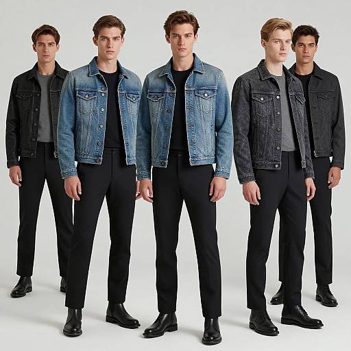 Photograph of six tall, attractive men standing in a row, wearing black pants and denim or black jackets, white background.