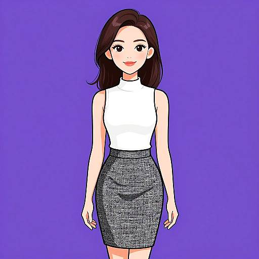 Digital anime-style drawing of a smiling woman with long brown hair, wearing a white sleeveless top and black houndstooth skirt, against a solid