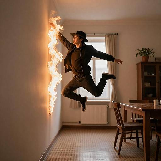 Man Leans Against Wall Amid Flames