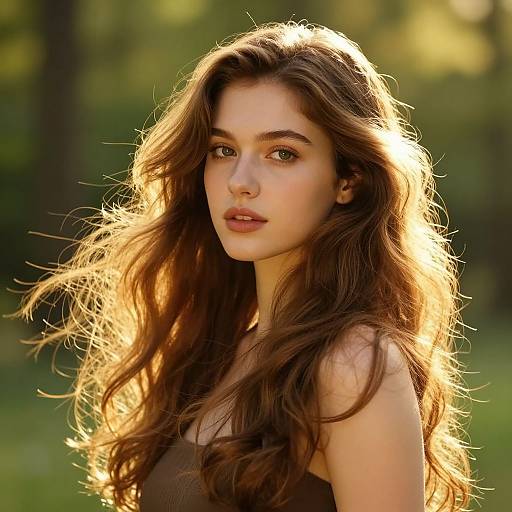 Photograph of a young woman with long, wavy brown hair illuminated by sunlight, wearing a brown top, standing in a green, blurred forest background