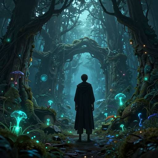 Digital fantasy artwork of a silhouetted figure in a long coat standing in a glowing, enchanted forest with bioluminescent mushrooms and ethereal