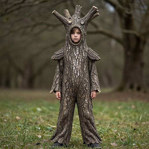 Terrifying Tree Costume Kid in Forest