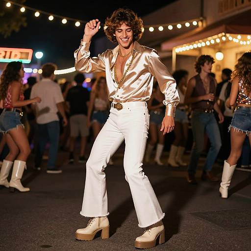 Photograph of a smiling man with curly hair, wearing a shiny white satin shirt, white pants, and beige platform boots, dancing at a nighttime outdoor
